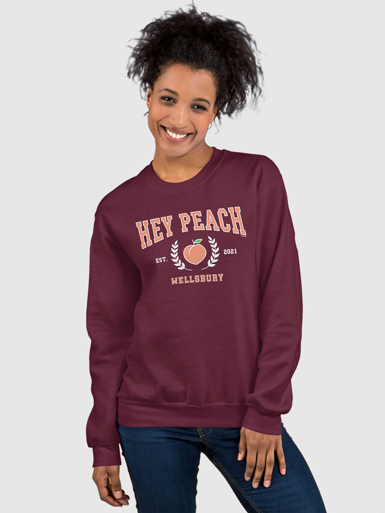 Ginny & Georgia Maroon Crewneck: Hey Peach | Netflix Shop Ginny & Georgia Maroon Crewneck: Hey Peach | Netflix Shop