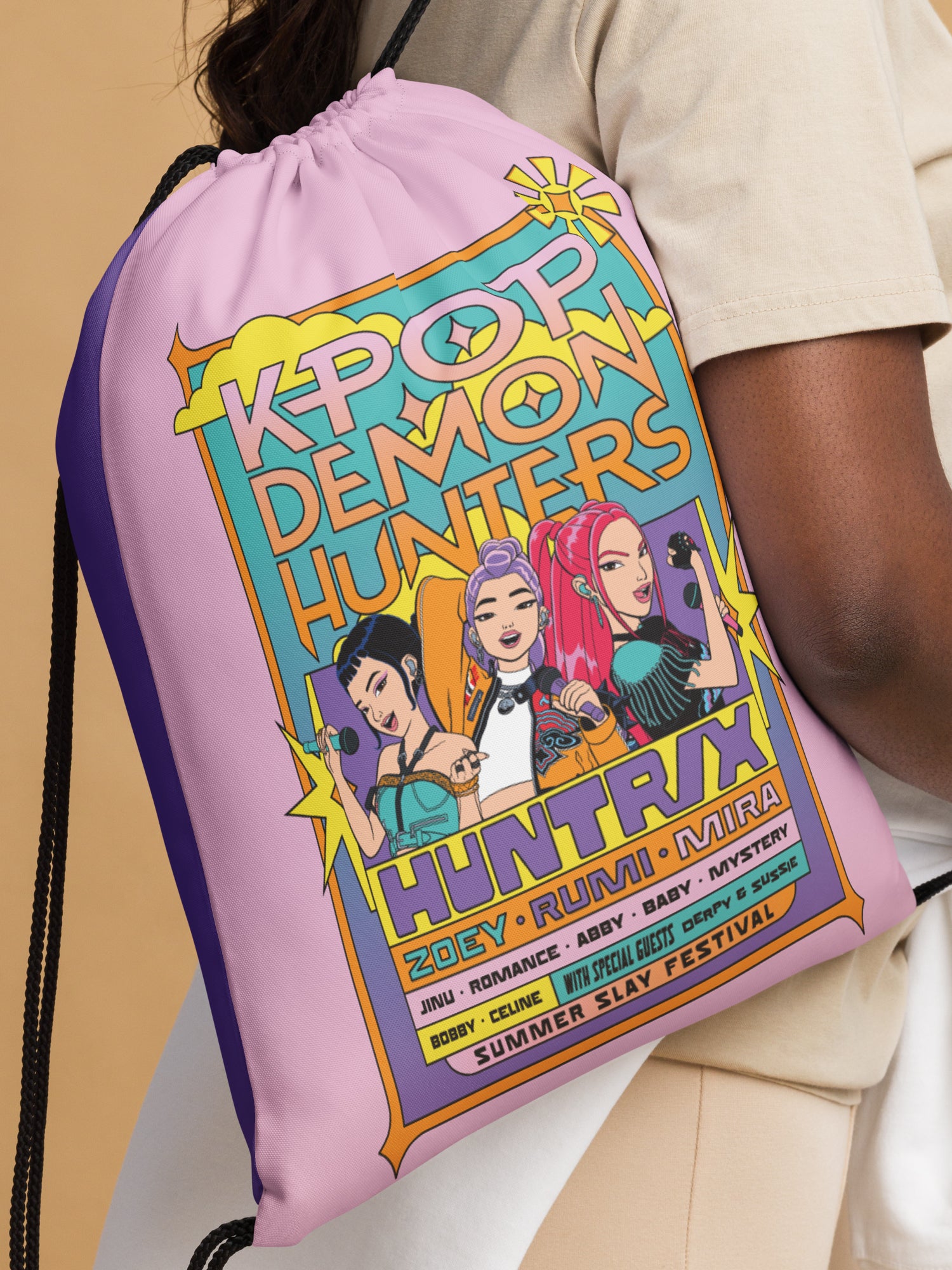 コヤンイサムチョン✴︎リトルヤーンハンターズ✴︎バック✴︎茶トラ猫✴︎デニムフリル KPop Demon Hunters Drawstring Bag Summer Tour – Netflix Shop
